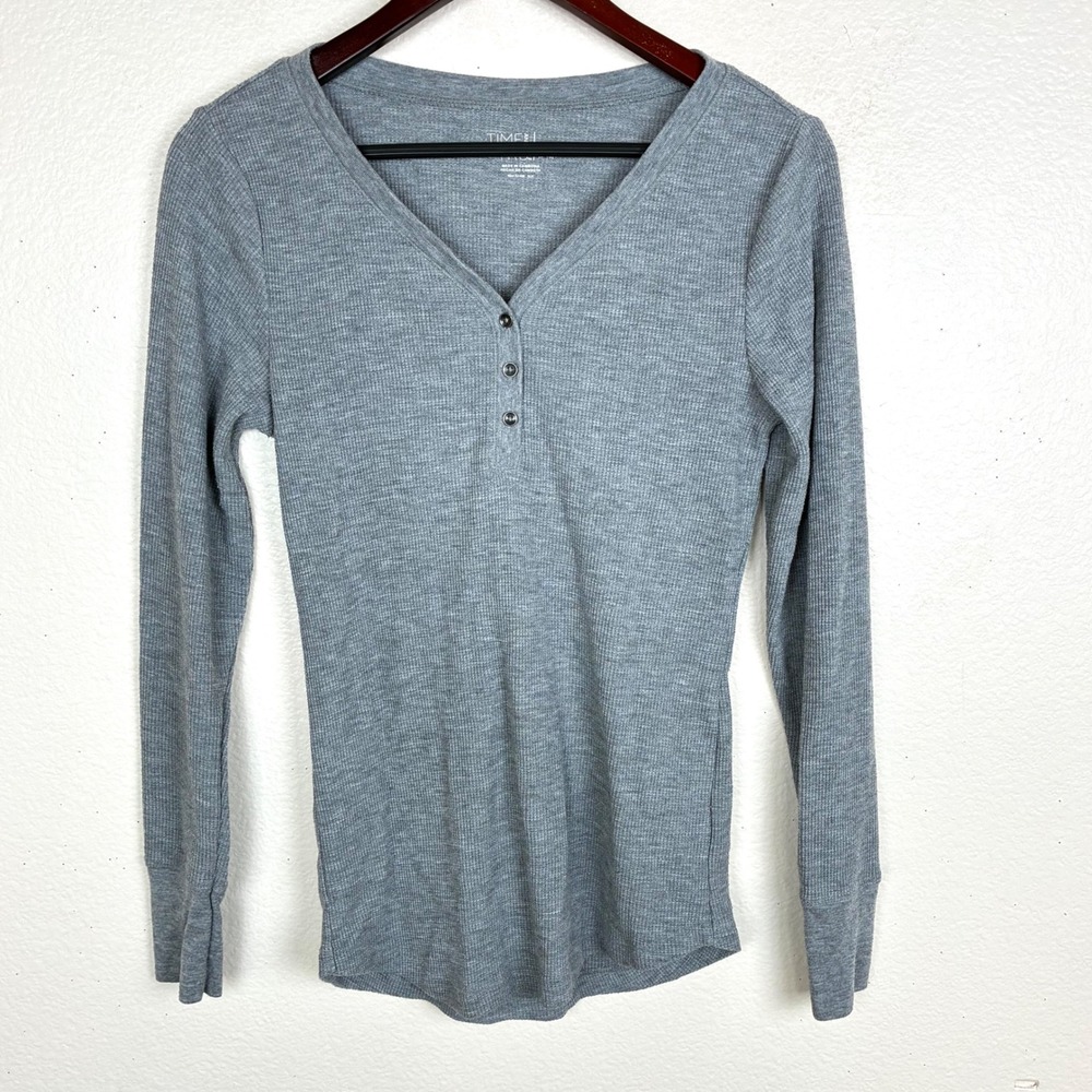 Y2K 90s Womens Top Sz M Waffle Knit Henley Heather Gray Long Sleeve V Neck